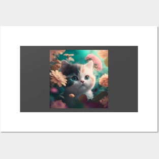 Cute Kitten Blue Eyes Floral Background | White, brown and grey cat with blue eyes | Digital art Sticker Posters and Art